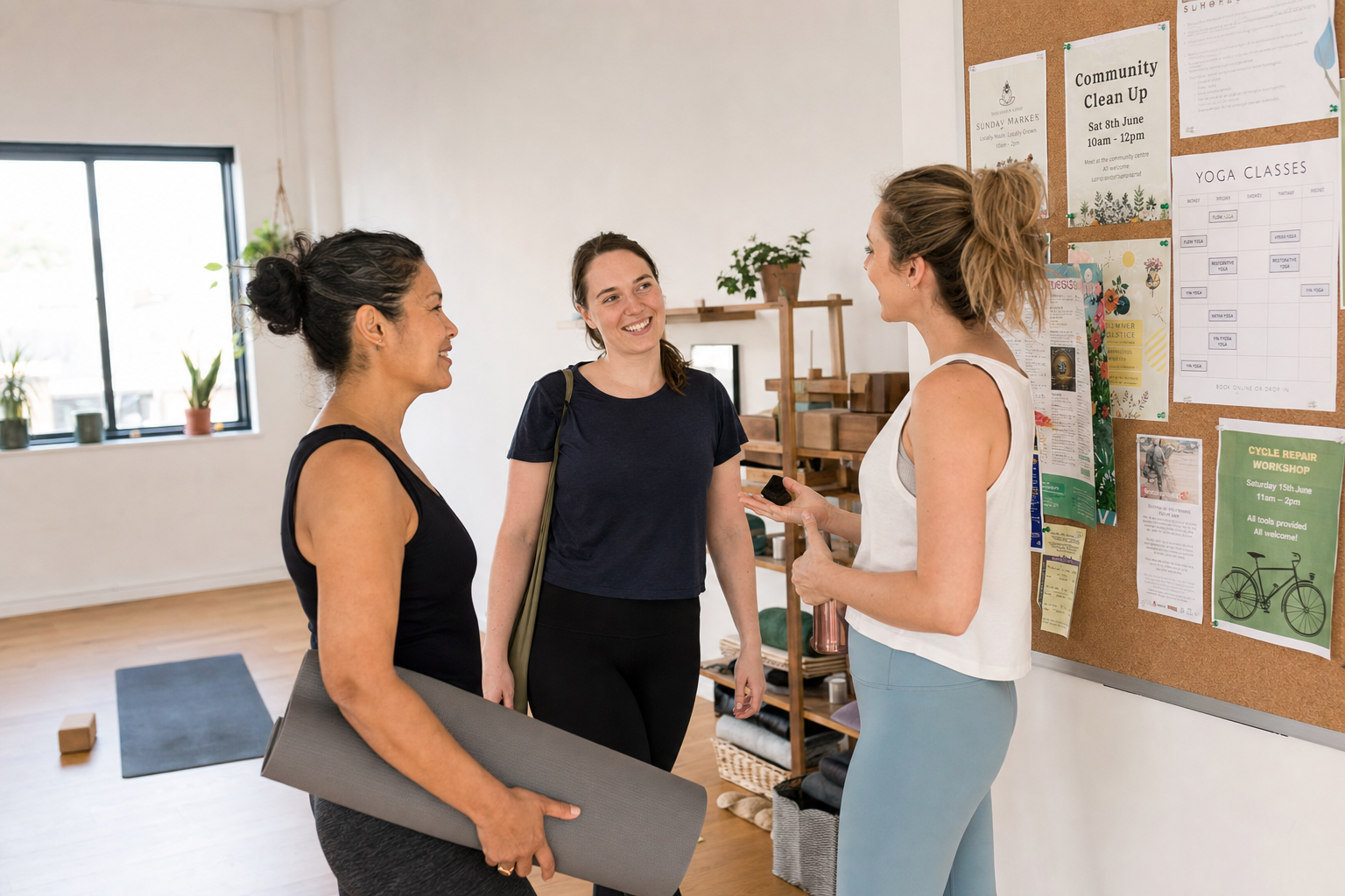 UK yoga teacher chatting with students in a bright studio next to a noticeboard of local class flyers