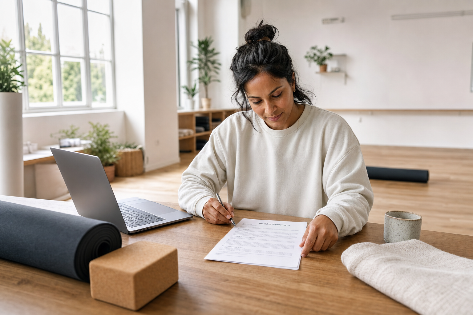 UK yoga teacher reviewing a simple teaching agreement in a bright studio