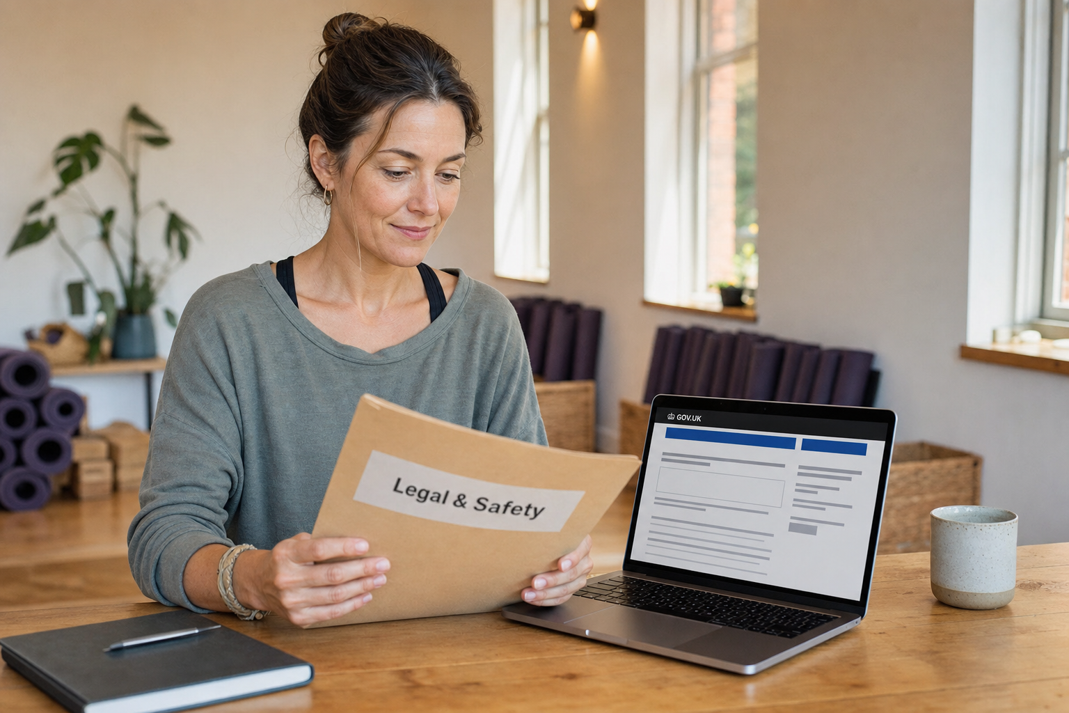 UK yoga teacher at a studio desk reviewing a folder labelled Legal & Safety beside a laptop