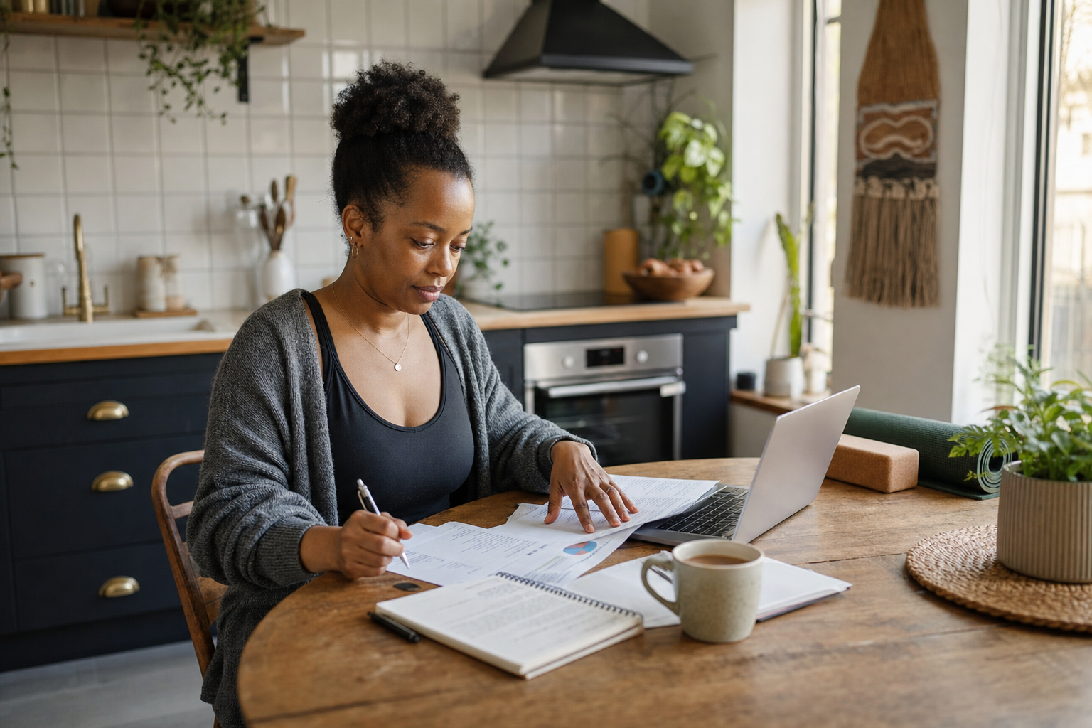 UK yoga teacher reviewing tax paperwork beside a laptop and cup of tea